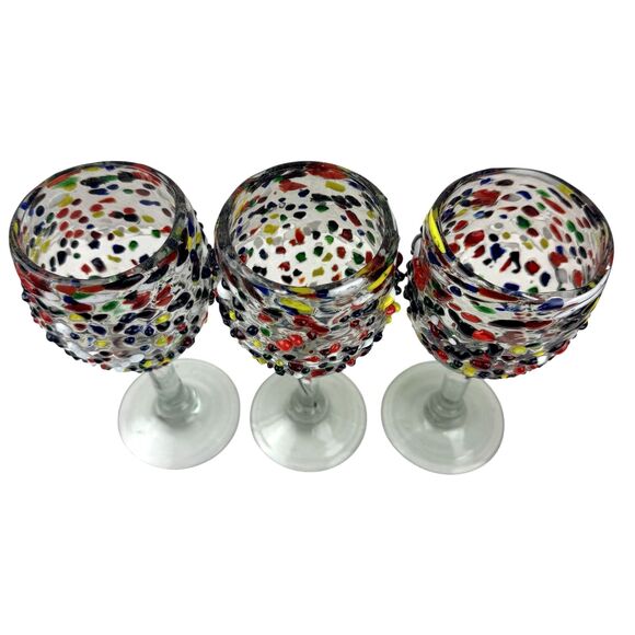Hand Blown Colorful Textured Confetti Ball Wine Glass Mexican Glasses Lot of 3 - Picture 4 of 7